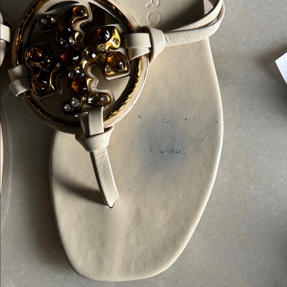 Cream Tory Burch Sandal - amber/gold beading. Leather sole. Small blue stain. - Picture 6 of 6